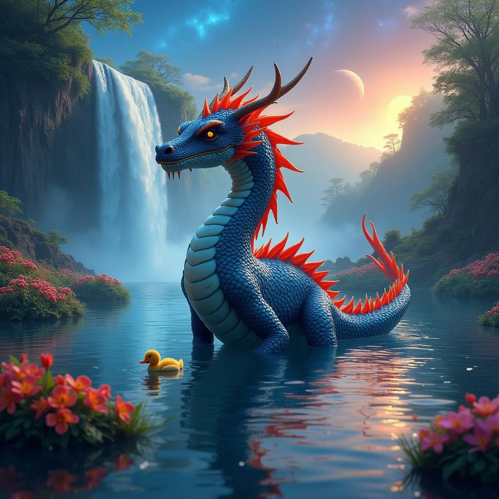 Artistic water dragon with cute duckling 🐥