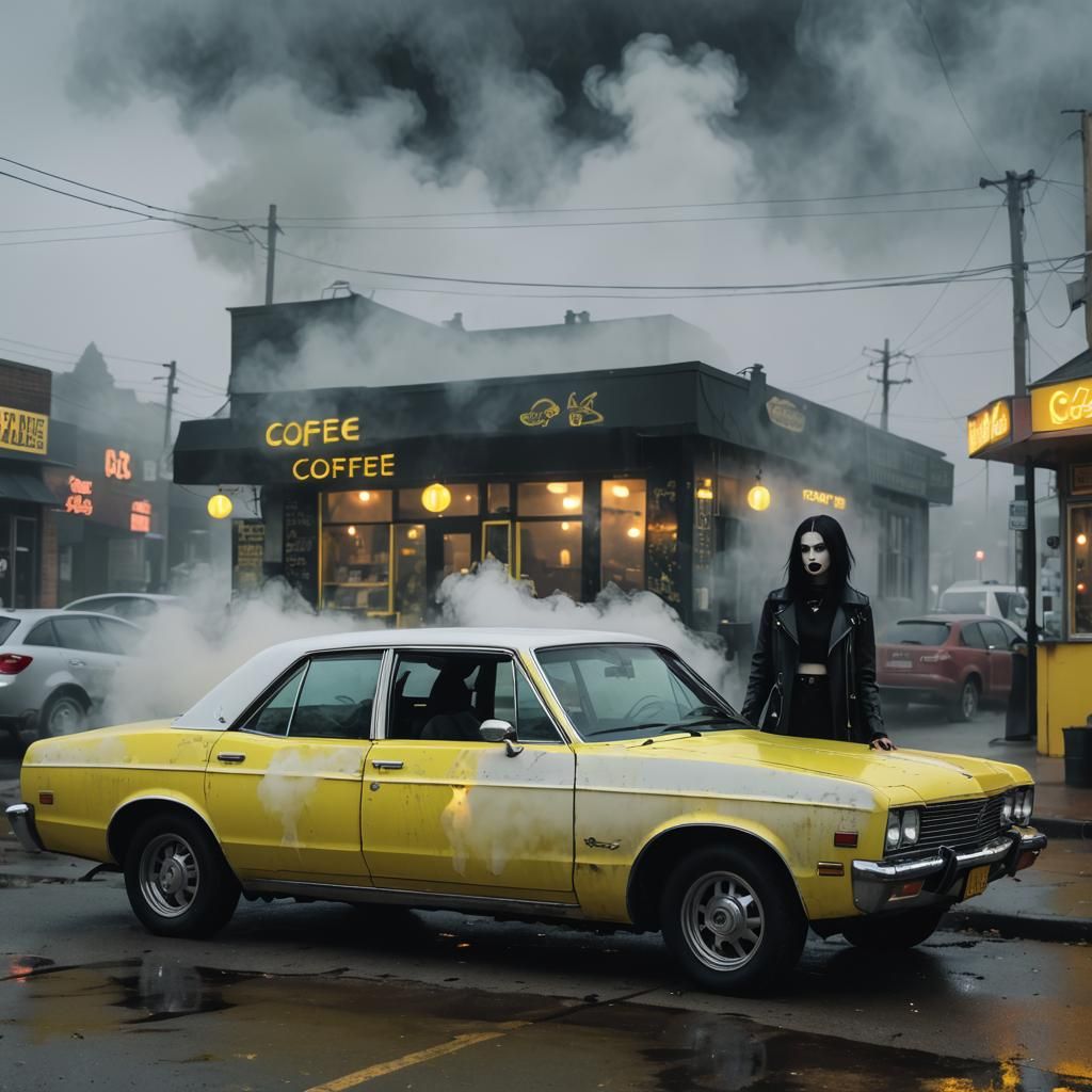 Goth Model in Neon-Lit Cyberpunk Coffee Shop