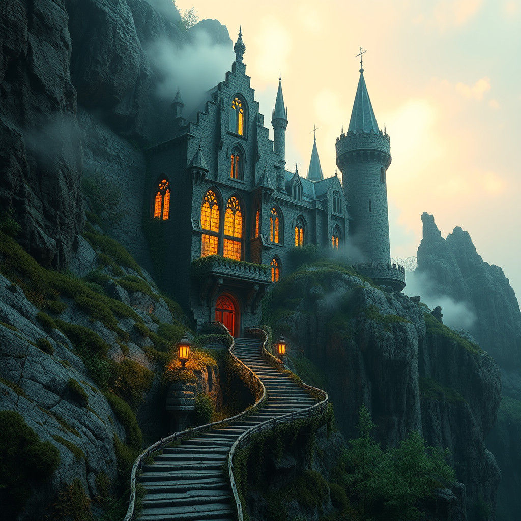 Majestic Castle Embraces Mountain in Fantasy Art Style