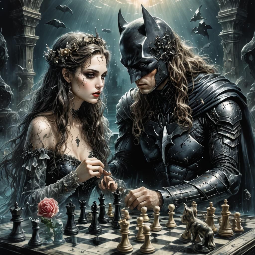 Batman playing chess with beautifully smart fairy(((fallen underwater))).  double exposure long,with you.A masterpiece o...