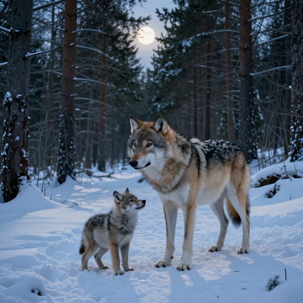 Mother Wolf and Son in Snowy Forest Dusk