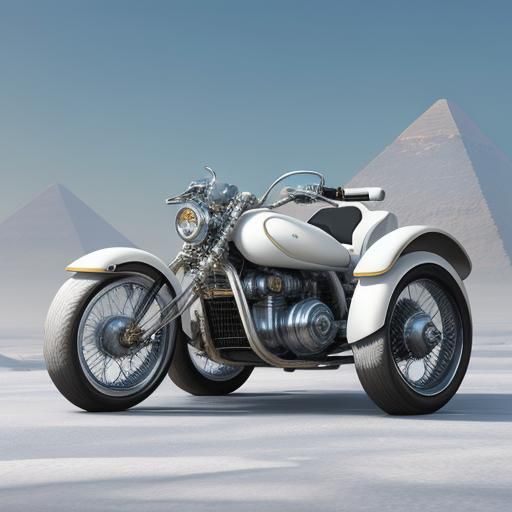Egyptian God Rides Futuristic Sidecar in White Landscape