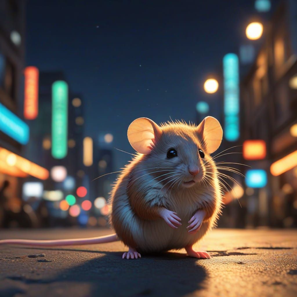 Whimsical Urban Mouse Illuminated by City Lights