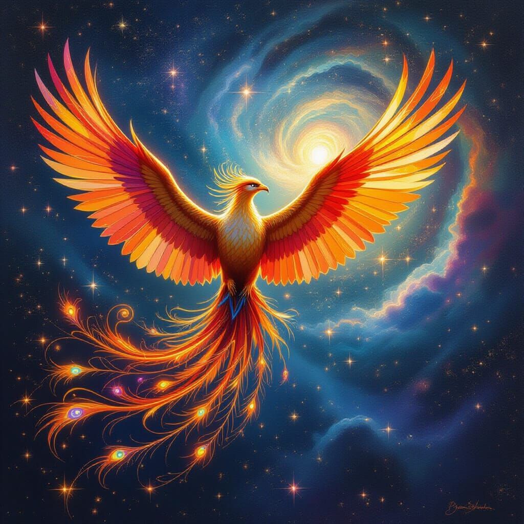 Iridescent Phoenix Soaring Through Celestial Clockwork