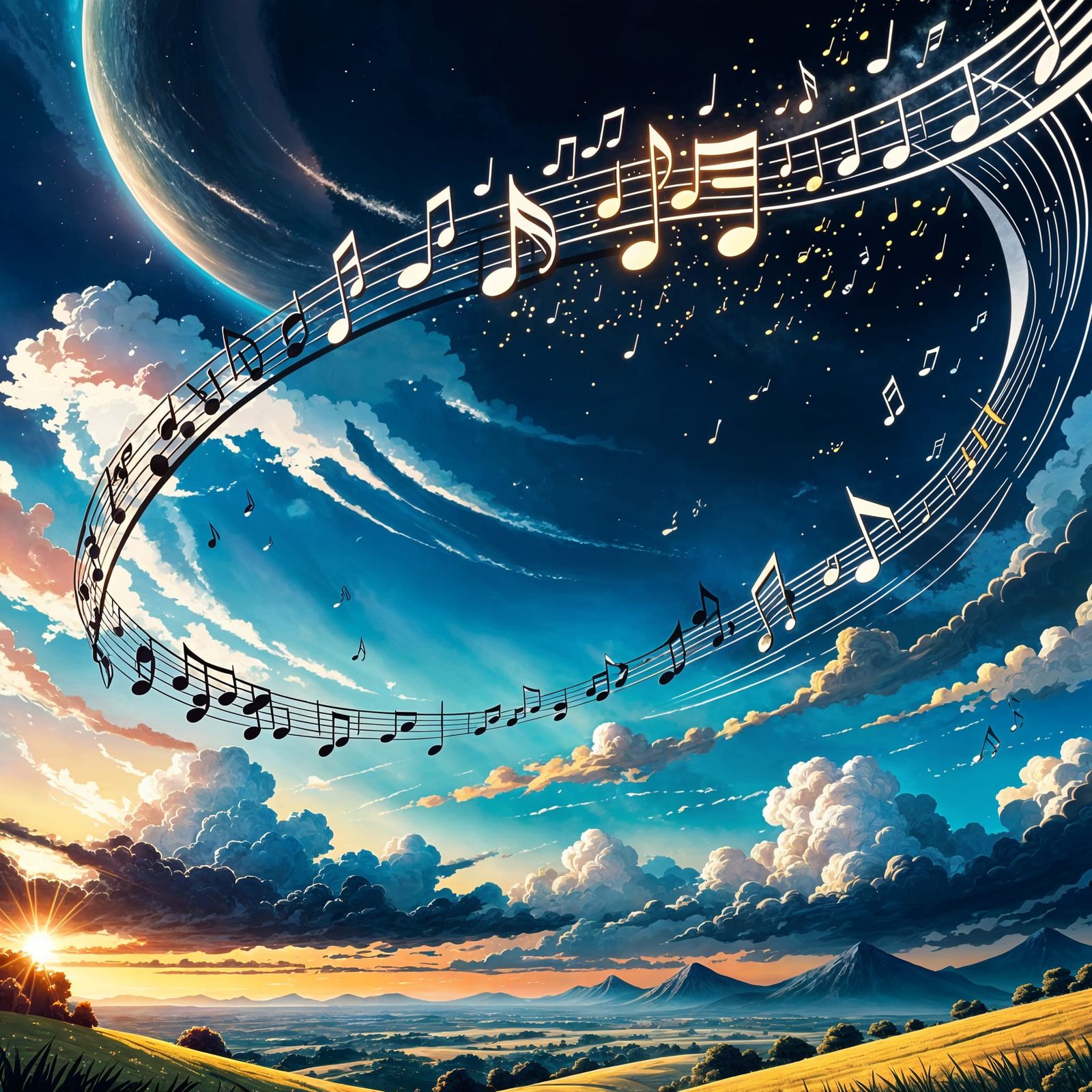 Musical Notes Form Clouds in Anime Sky Symphony