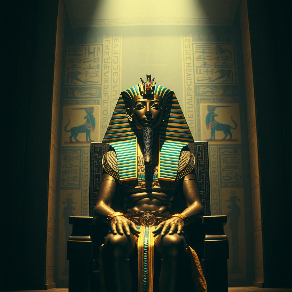 Pharaoh on Throne in Golden Light, Cinematic Still