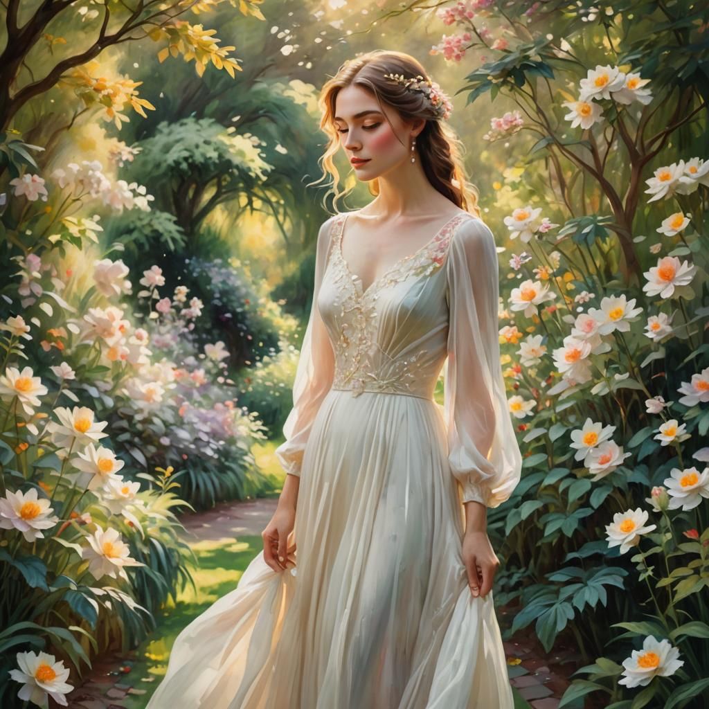 Ethereal Woman in Garden: An Impressionistic Portrait