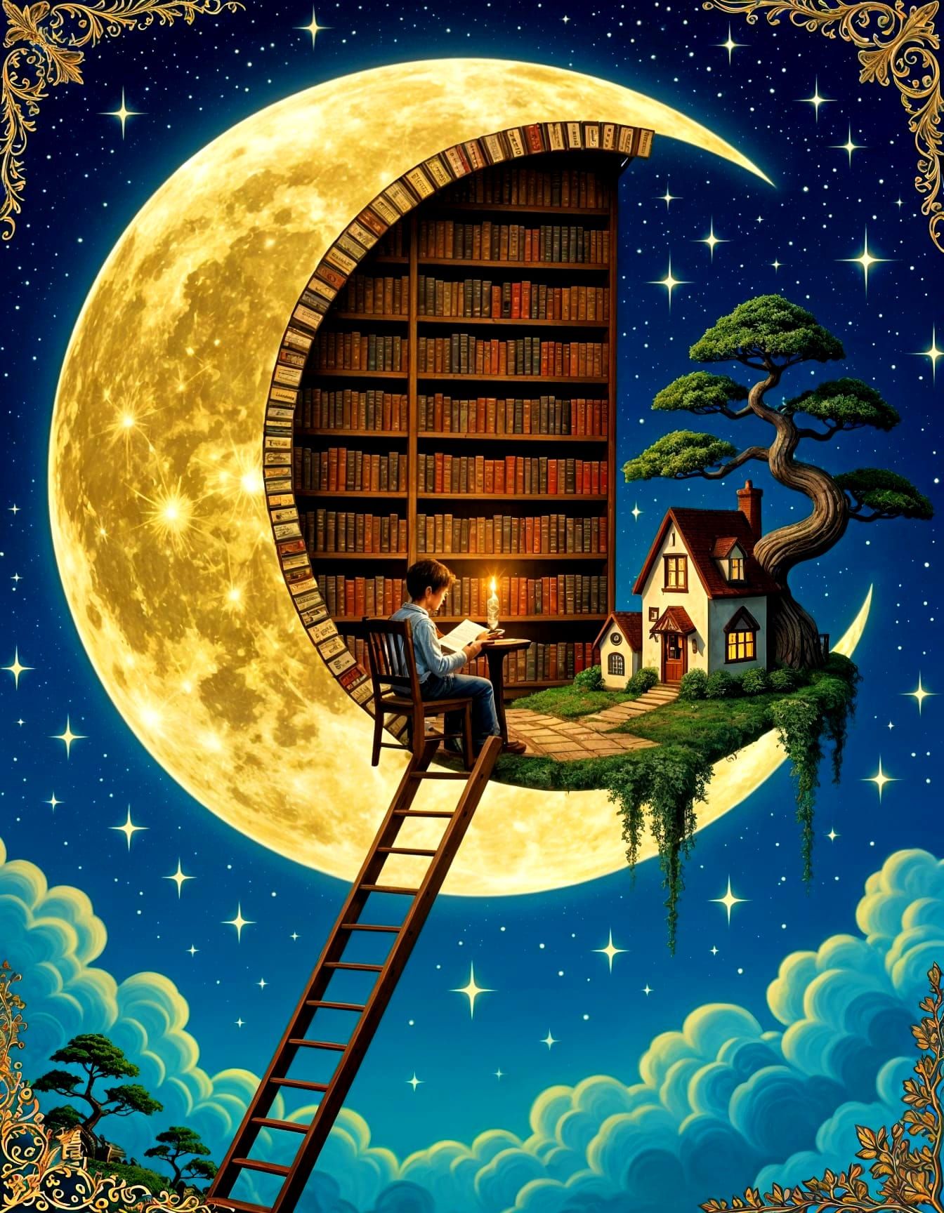 Enchanted Lunar Library: A Surreal Fairytale Scene