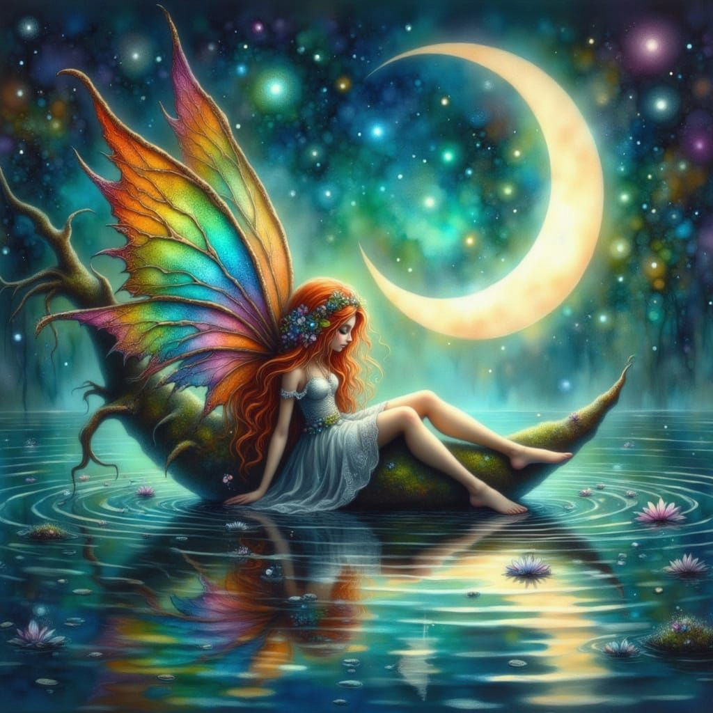Whimsical Fairy on Crescent Moon in Airbrush Art