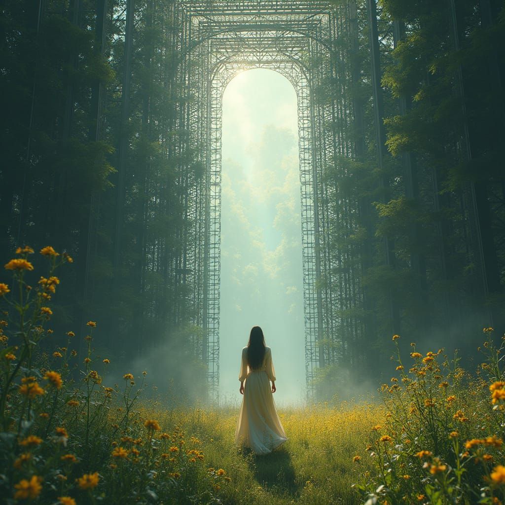 Woman Emerges from Matrix into Meadow Landscape