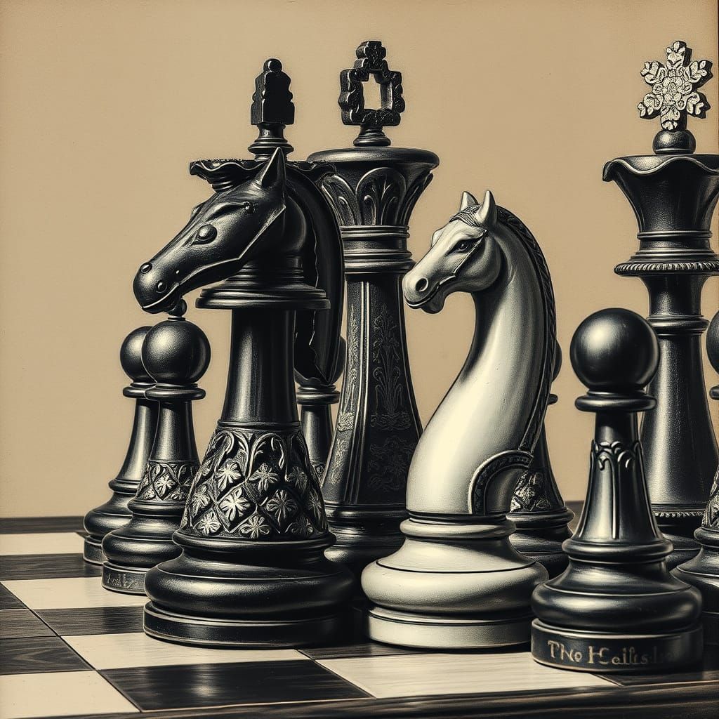 Ornate Antique Chess Pieces in Charcoal Drawing Style