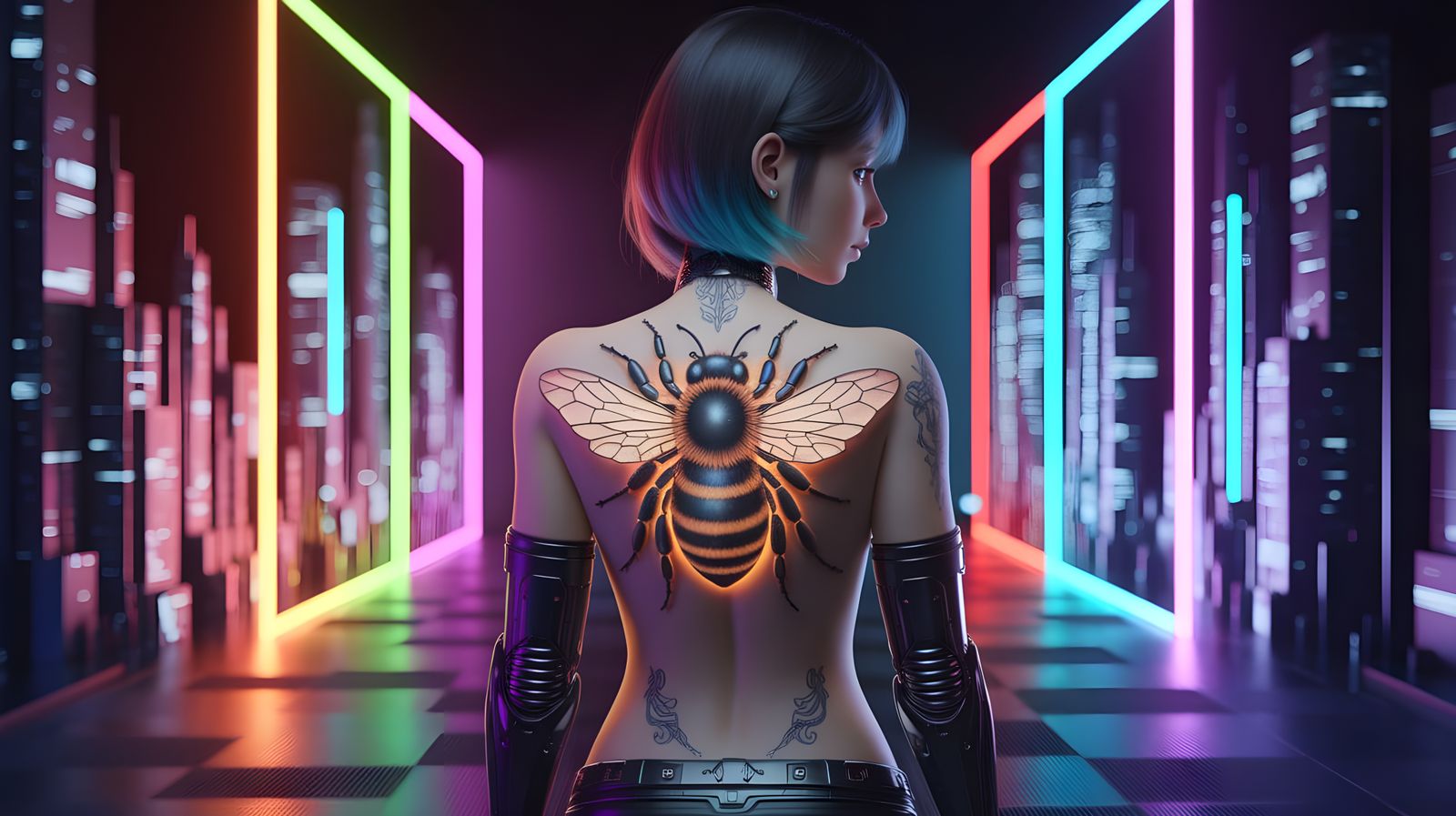 Anime Cyberpunk Woman with Honey Bee Tattoo in Neon Cityscap...