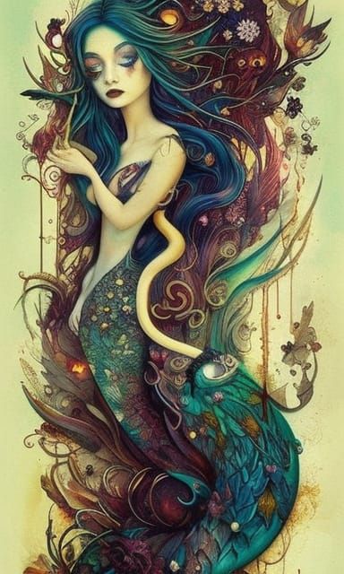 Detailed Mermaid in Graveyard Illustration