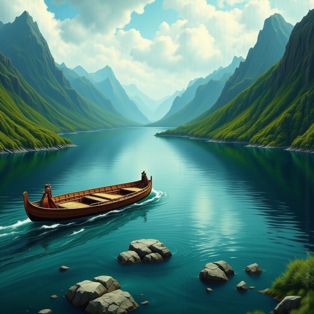 Viking Longboat in Nordic Fjord Aerial View