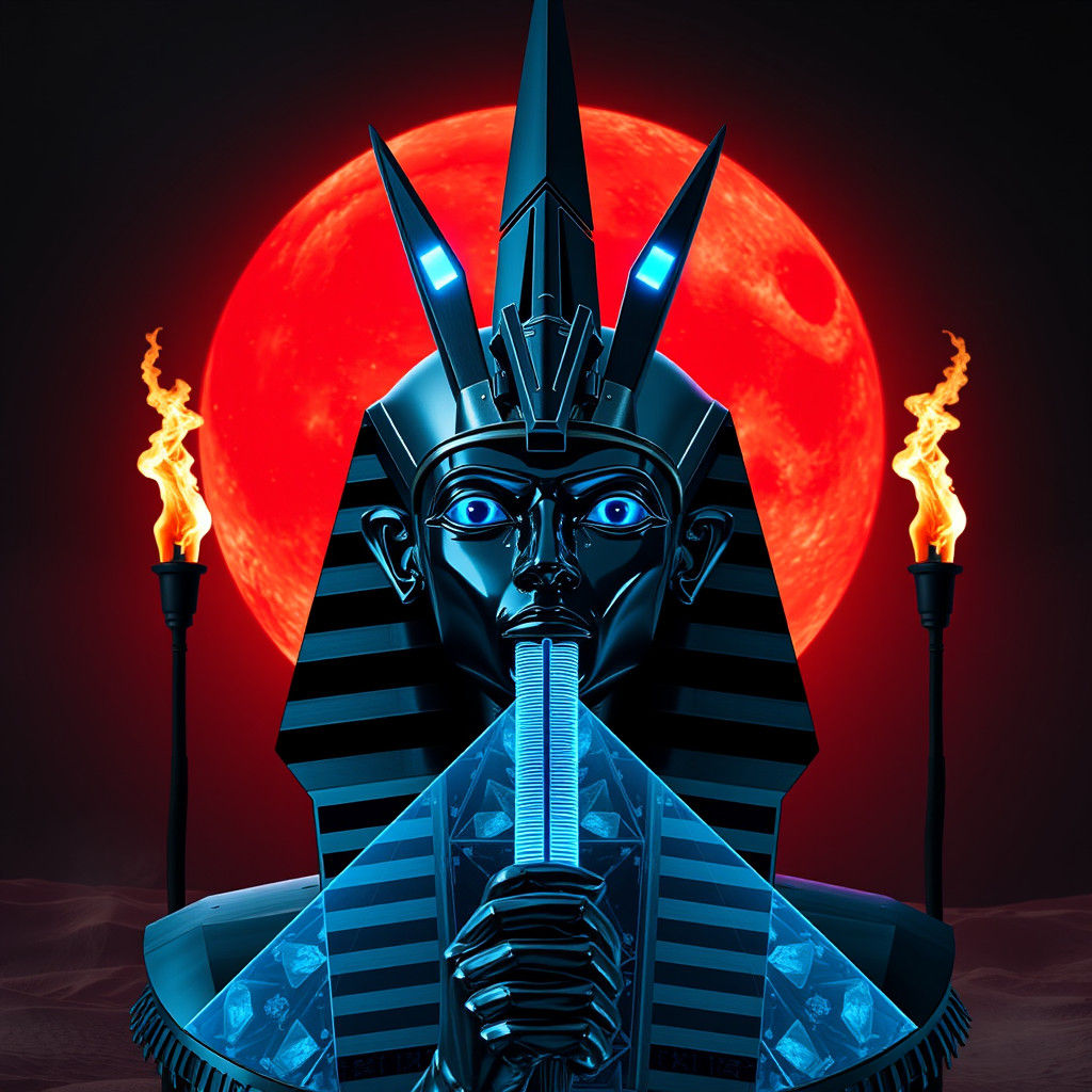 Cybernetic Amon Ra with Spear and Pyramid