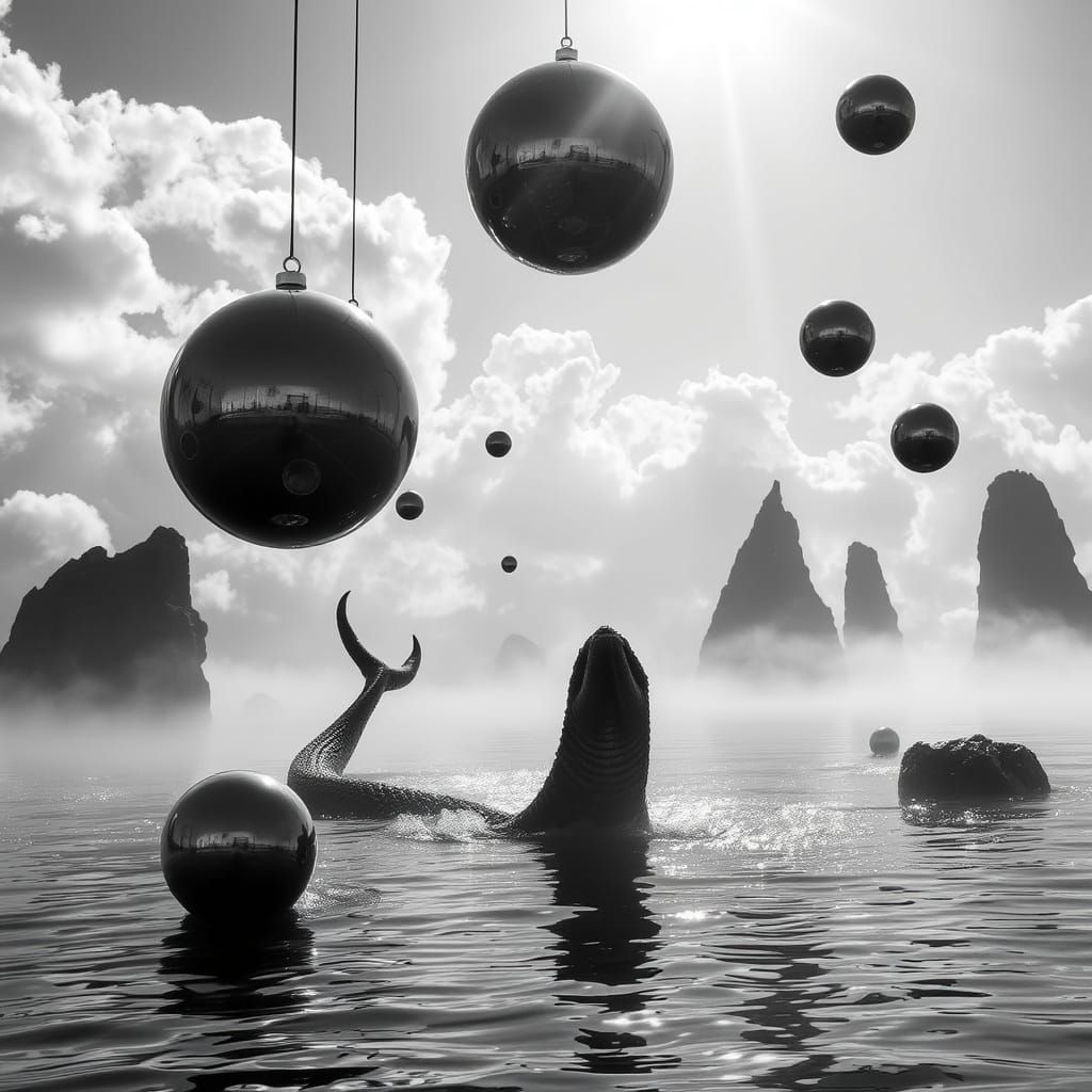 Mystical Silver Spheres and Sea Serpent in Dreamscape