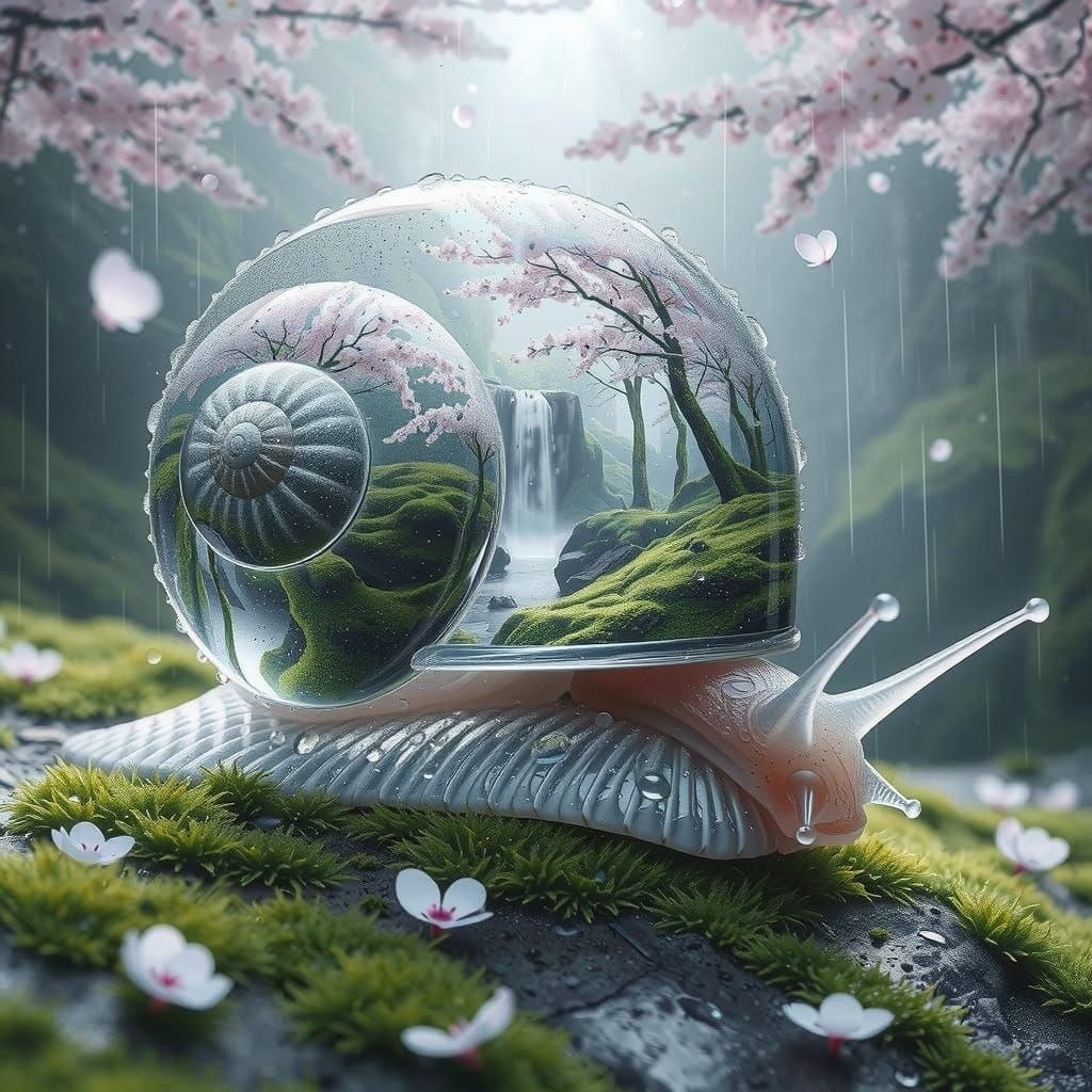 Crystal Snail with Waterfall Reflection in Pastel Hues