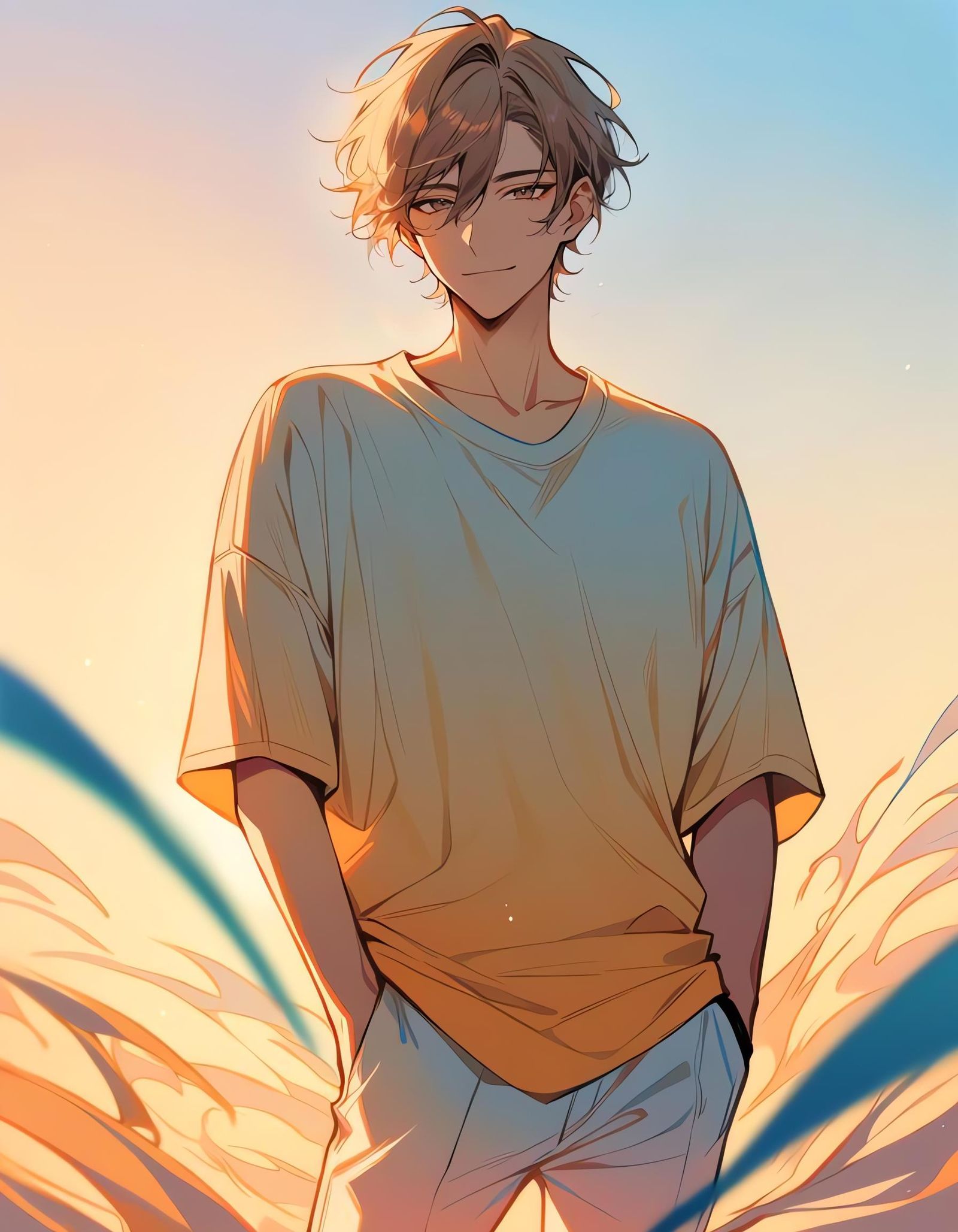 Bishounen in Golden Hour Sunlight, Cowboy Shot