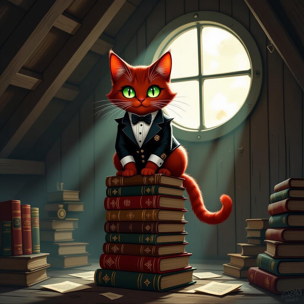 Whimsical Clockwork Cat in Dusty Attic