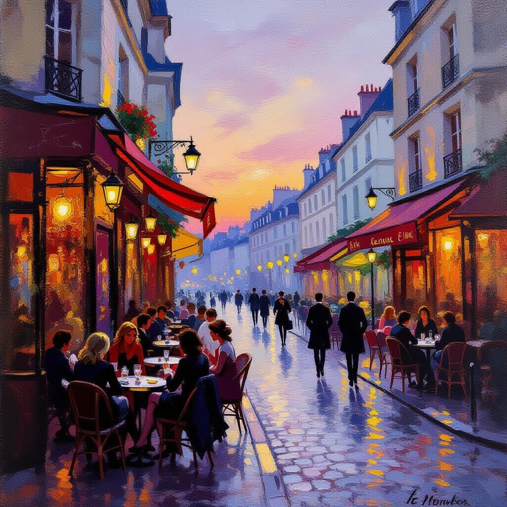 Parisian Cafe at Dusk: Impressionistic Oil Painting
