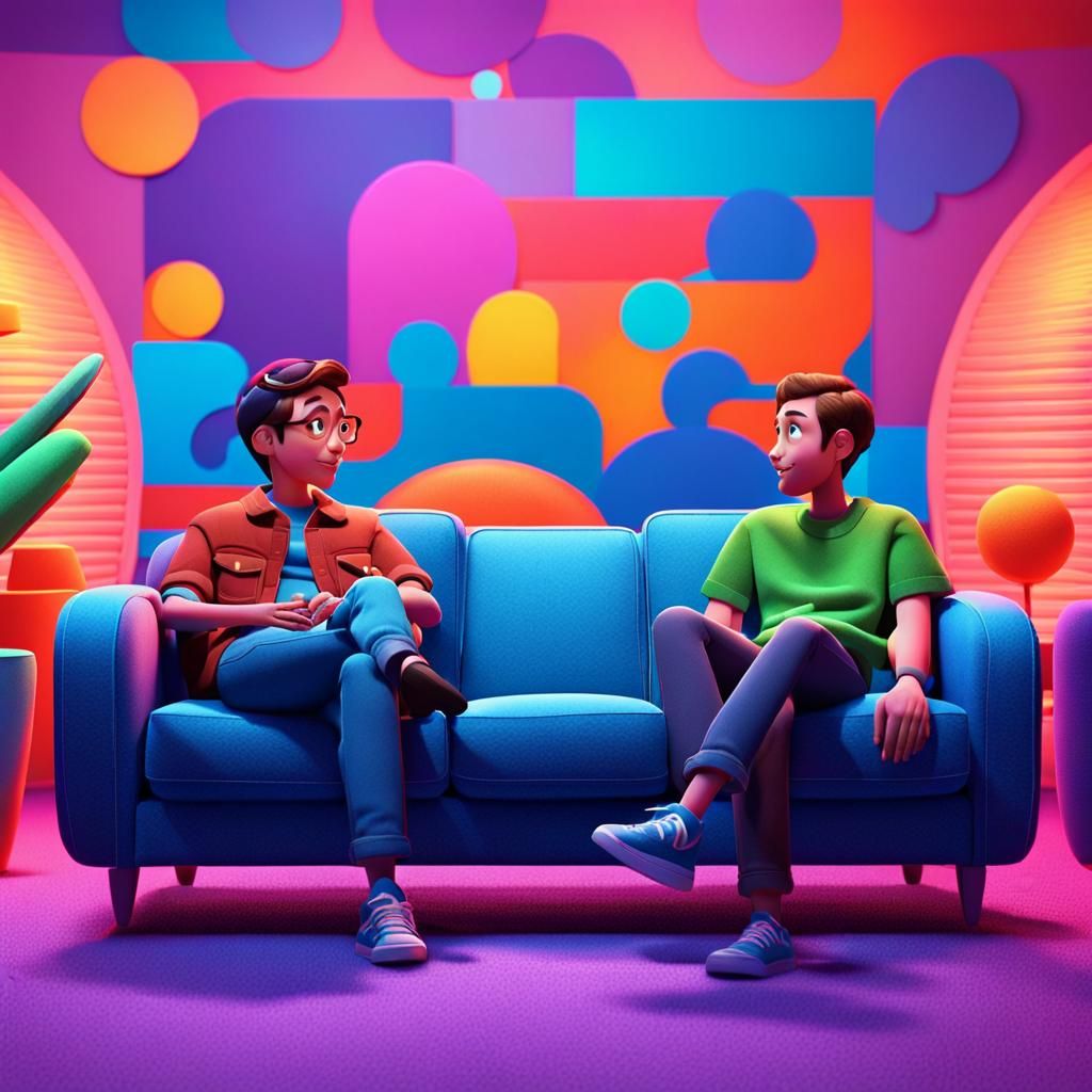 Friends Relaxing in Bright Room: 3D Render