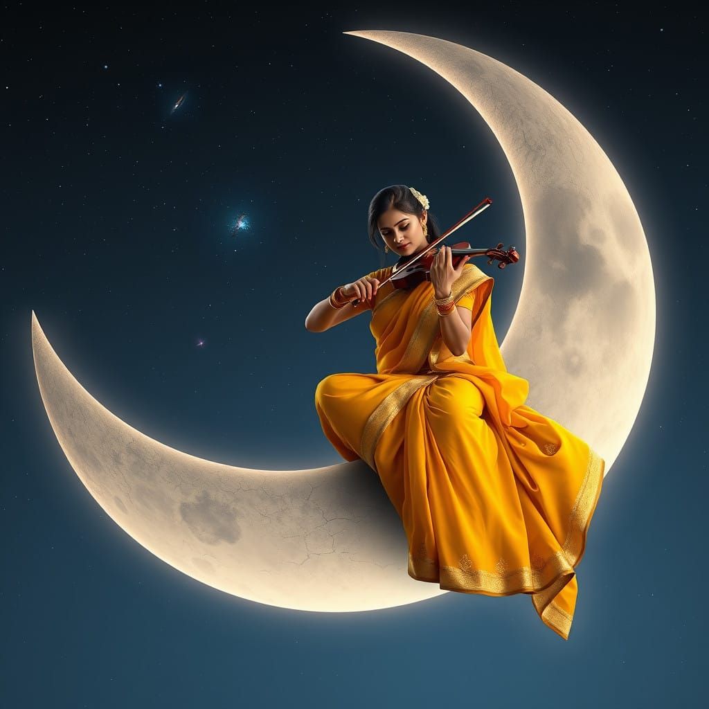 Surreal Portrait of a Violinist on a Weathered Crescent Moon