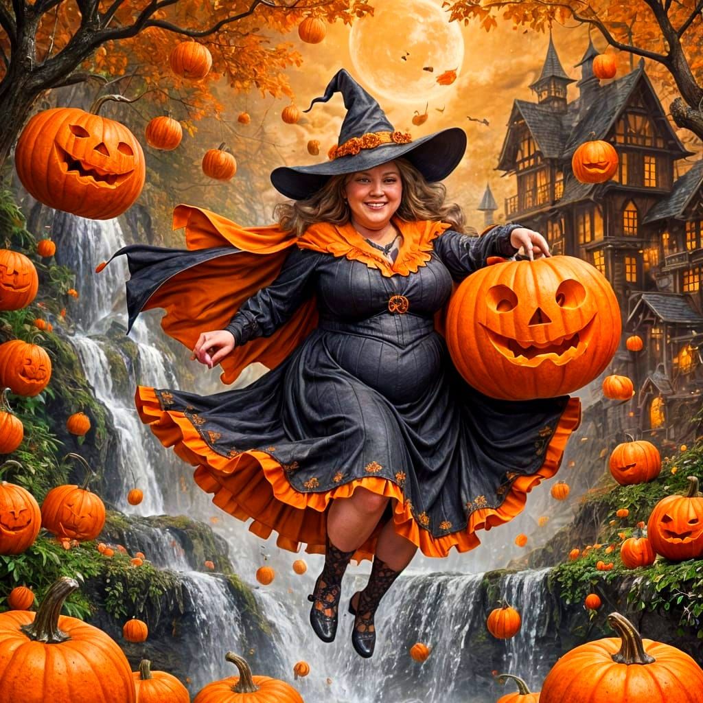 Mature Witch Flies on Pumpkin in Detailed Digital Art