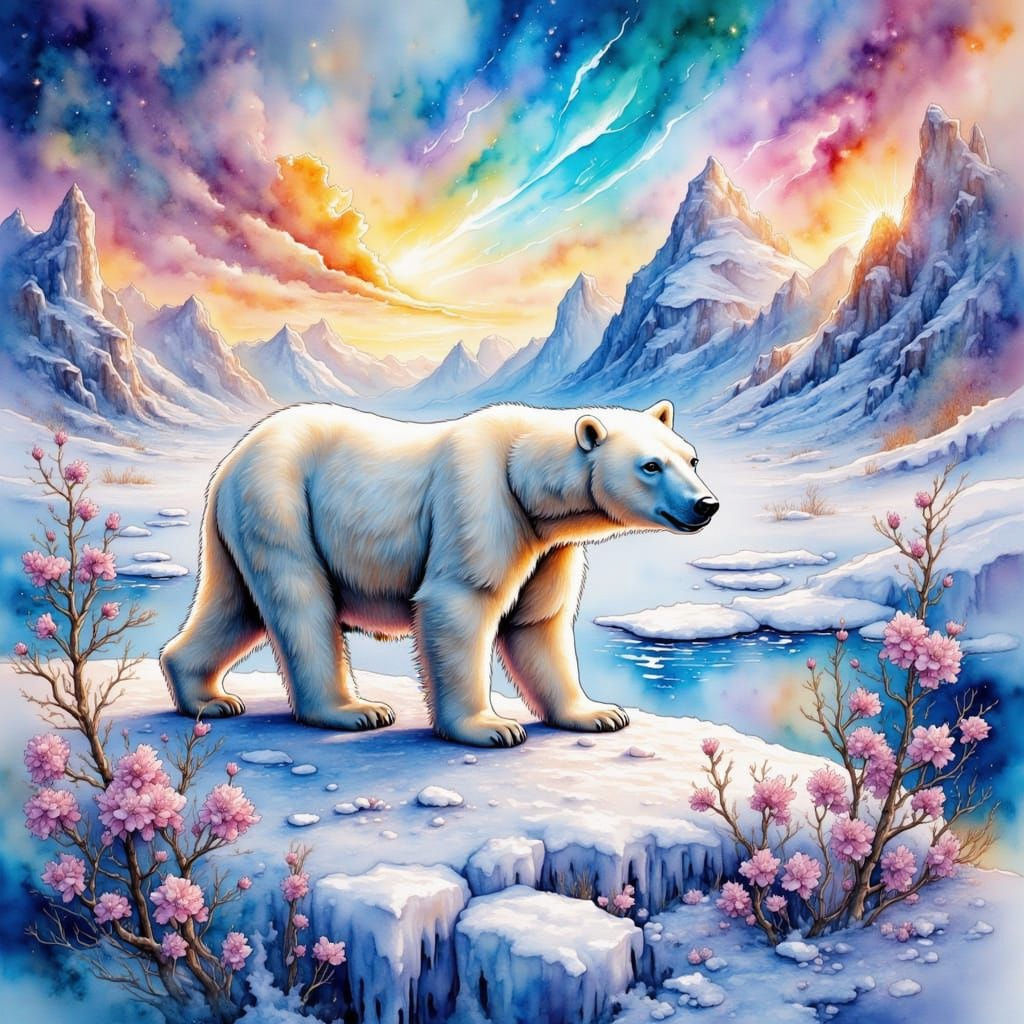 <lora:MrsH Watercolor:1.0> "A majestic polar bear standing in its icy arctic habitat" "vibrant colored prismatic beams o...
