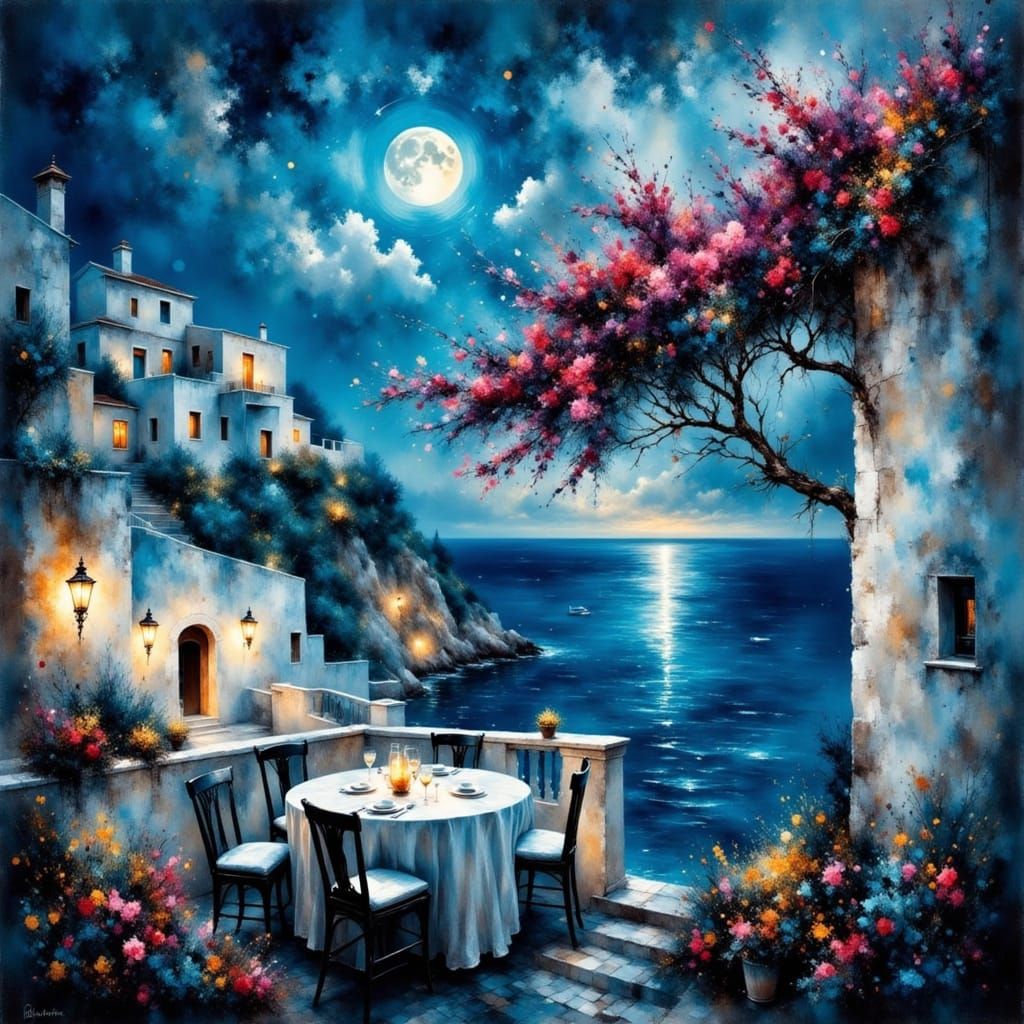Romantic Mediterranean Night Scene with Moonlit Cliffs and V...