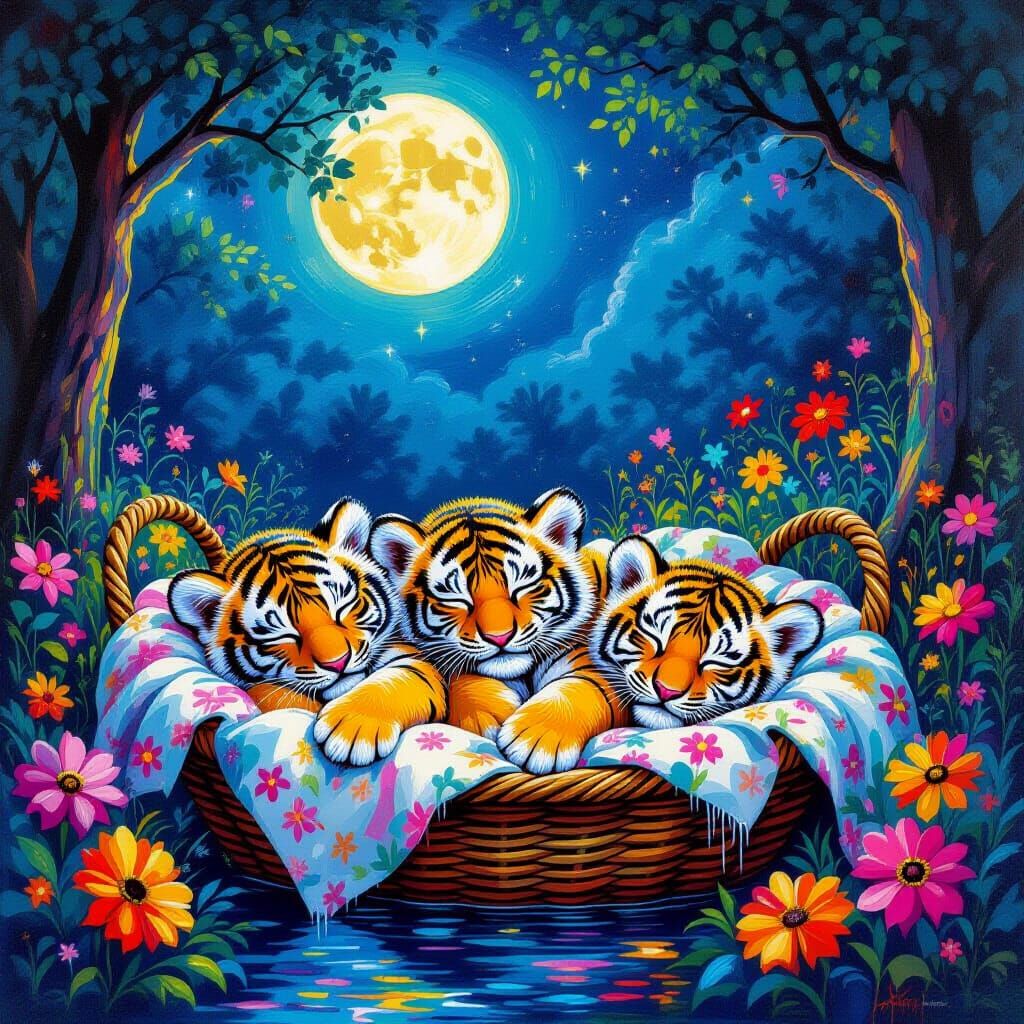 Sleeping Tiger Cubs in Moonlight Graffiti Art