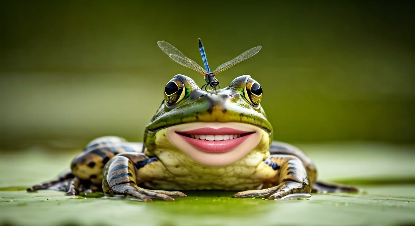 Hyperrealistic Bullfrog Portrait with Dragonfly Surprise