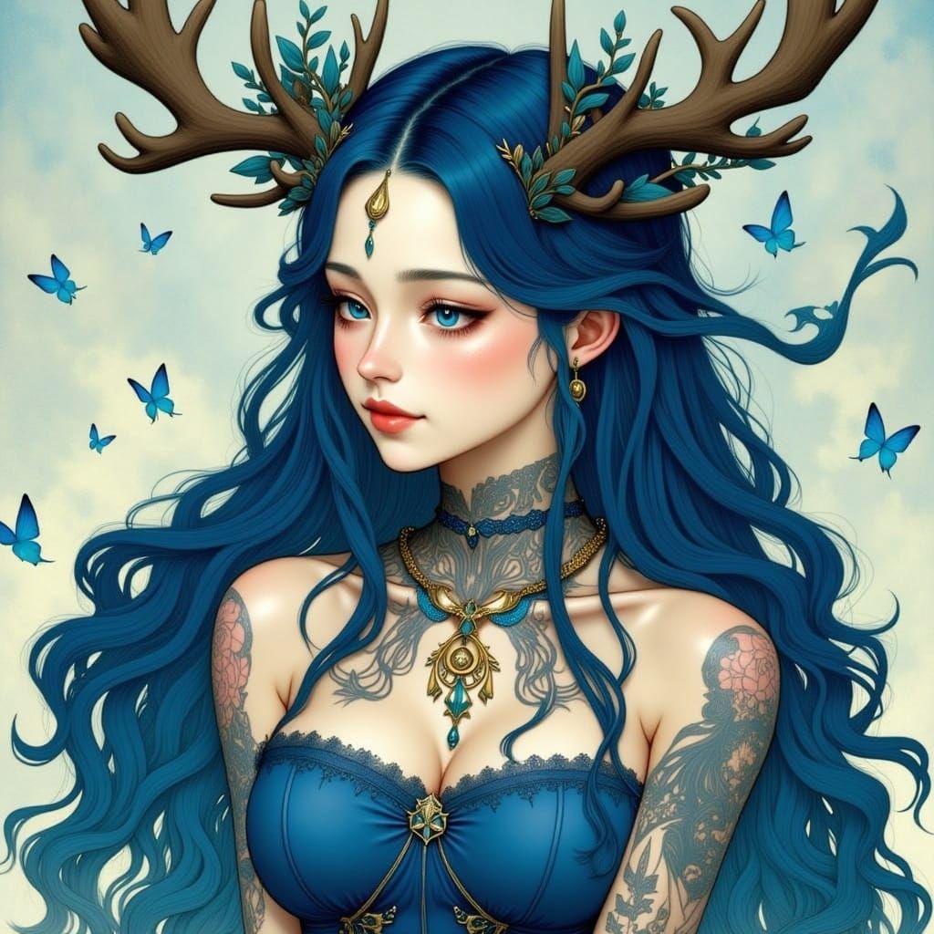 Blue-Skinned Girl with Braids in Rhapsody in Blue Style