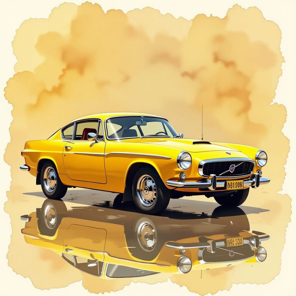 Yellow Volvo P1800 in Golden Watercolor Style