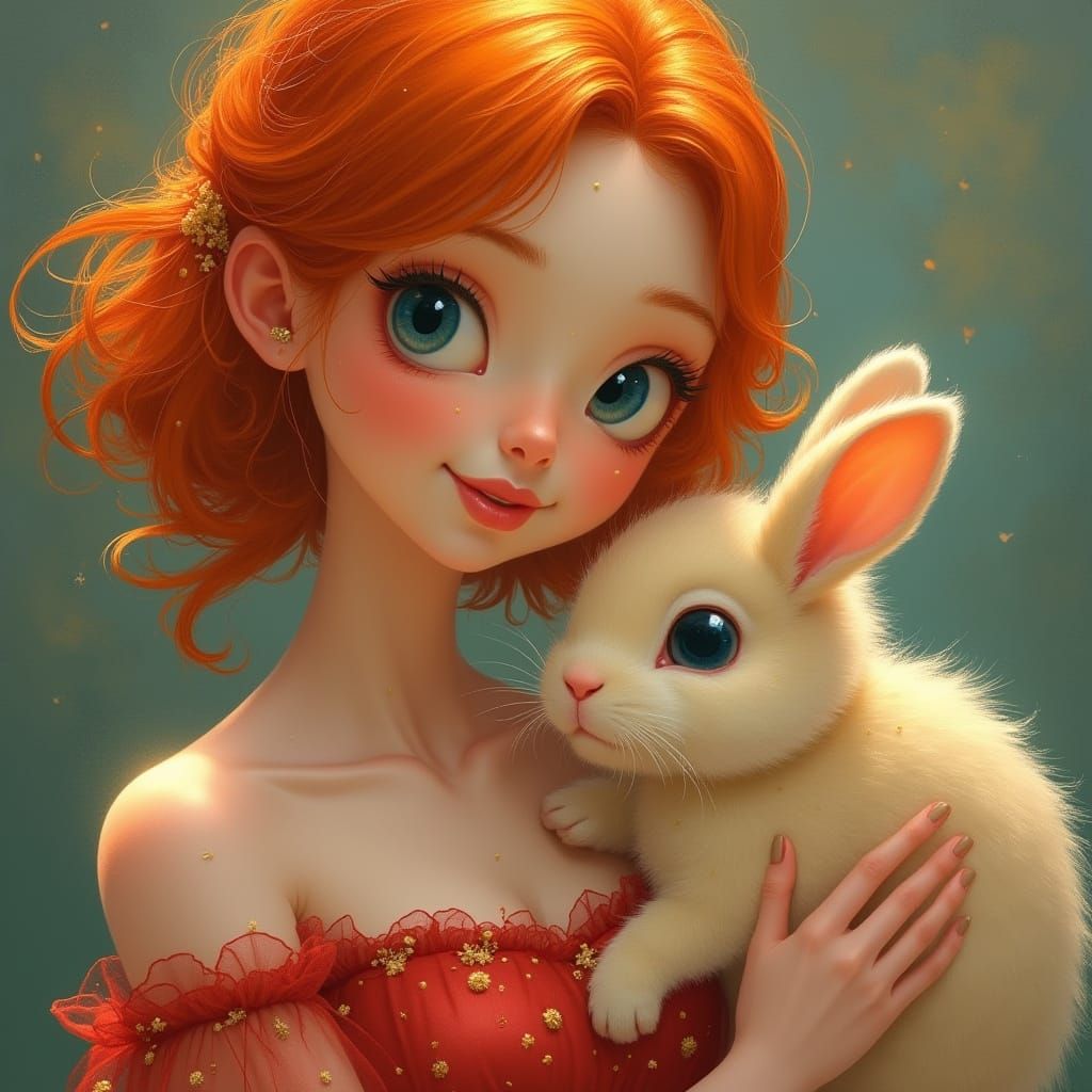 Woman and Rabbit in Whimsical Digital Art