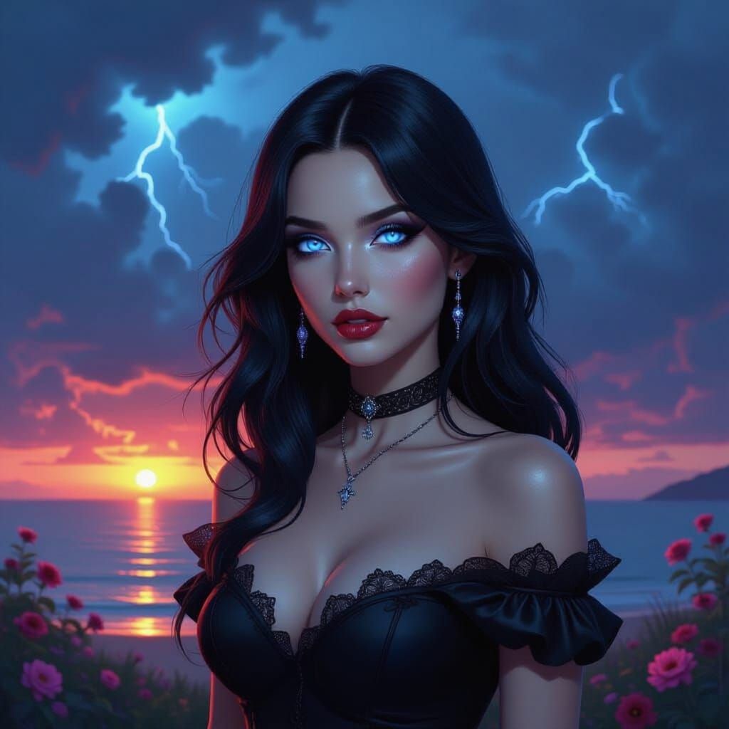 Goth Figure With Sapphire Eyes Amidst Cyberpunk Sunset Storm