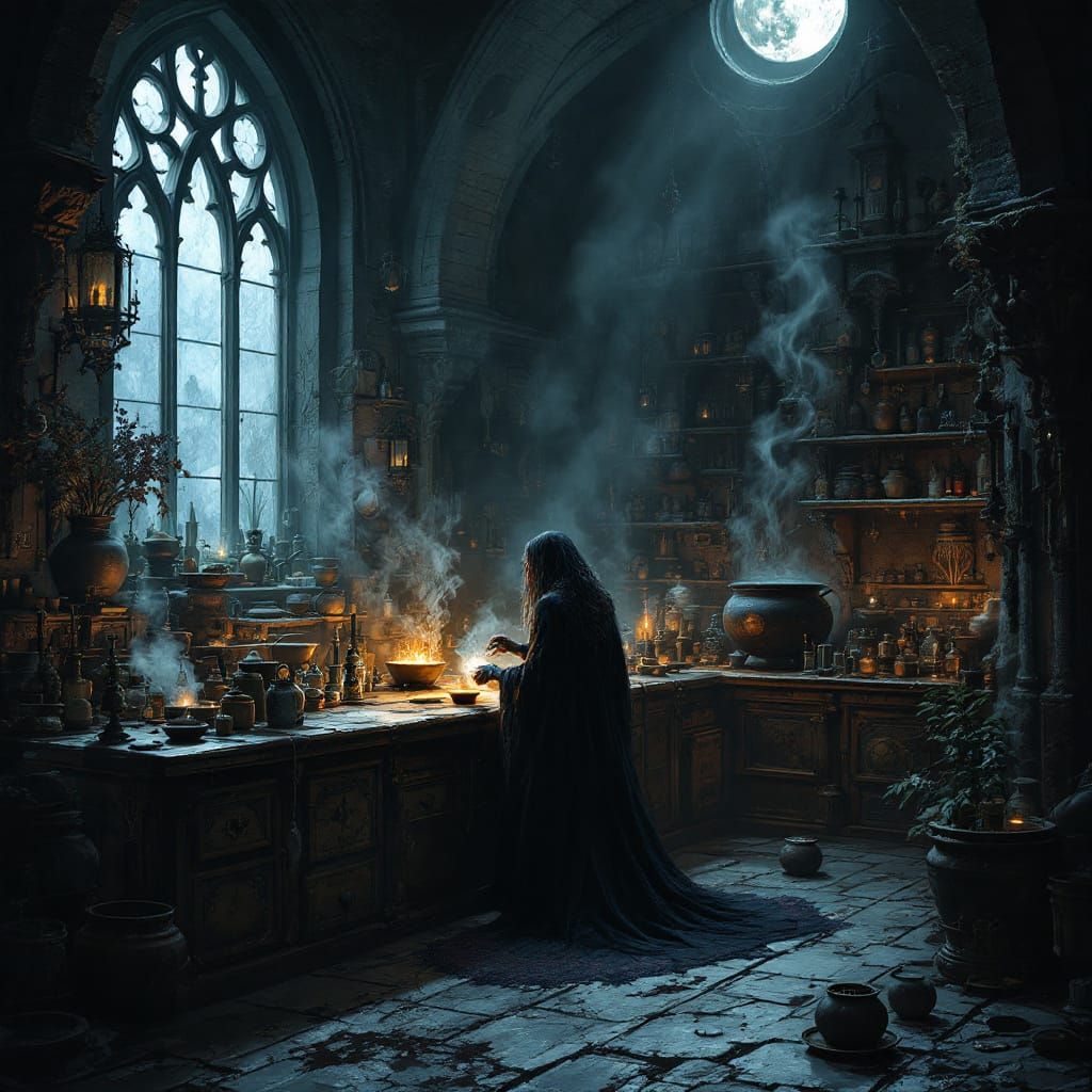 Mysterious Witch Brewing Potion in Ancient Lab