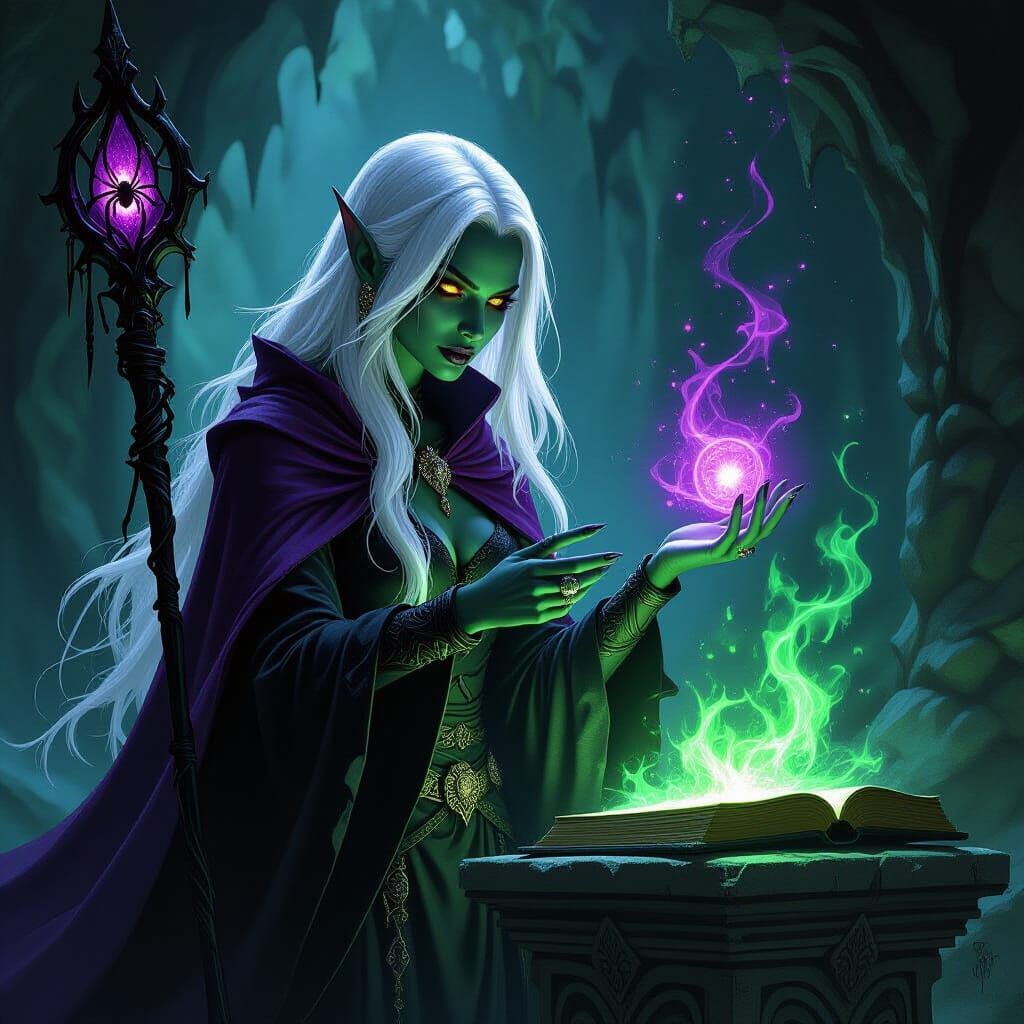 Dark Elf Necromancer Casting Spell in Cavern