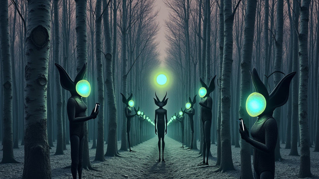 Surreal Forest with Aliens and Glowing Orbs