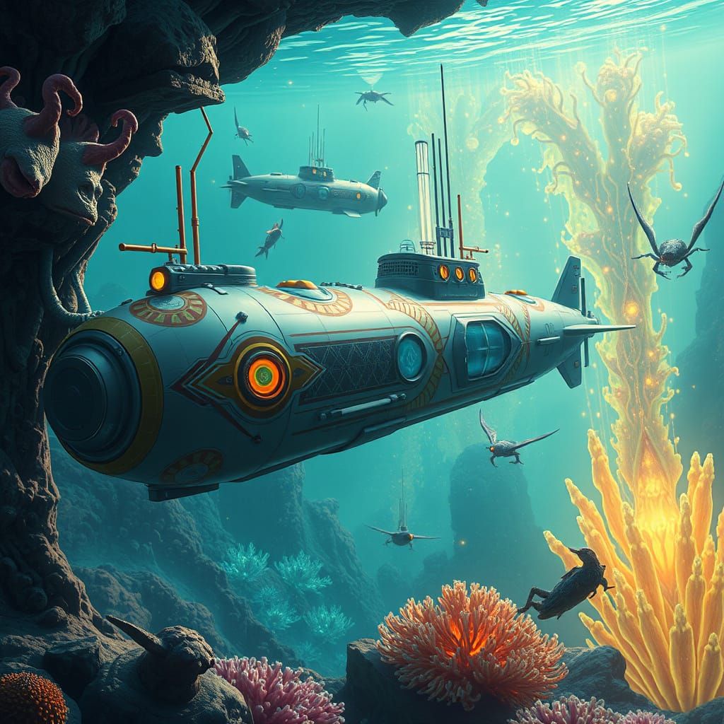 Retro-Futuristic Submarines Explore Alien Ocean