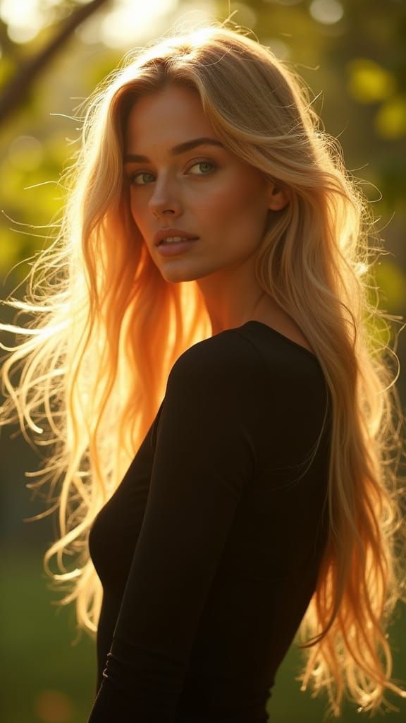 Radiant Woman Under Sunlit Trees, Cinematic 3D Realism