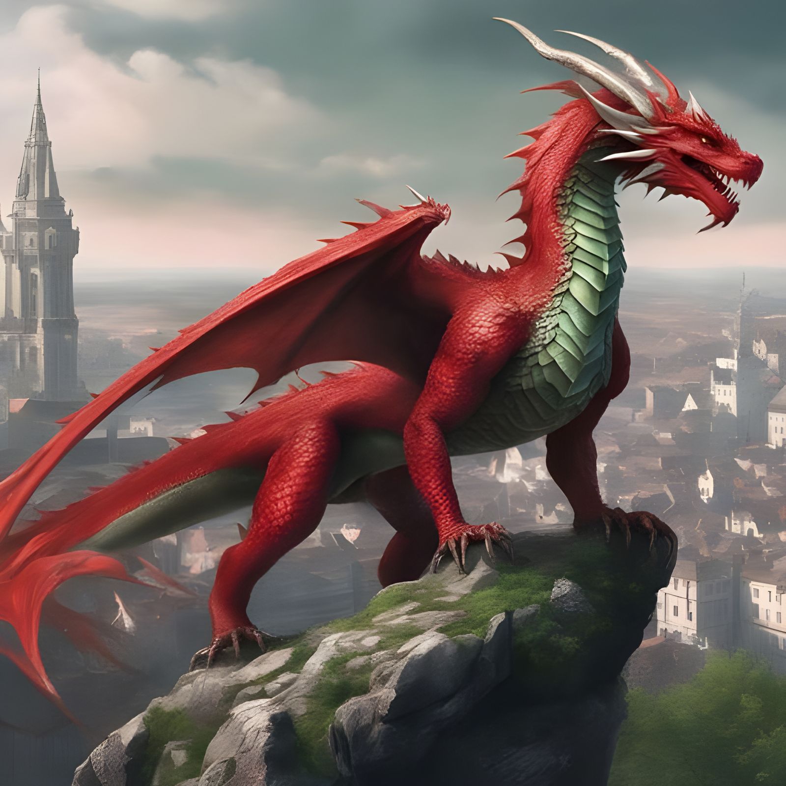 Detailed Red and Green Dragon in Medieval Setting