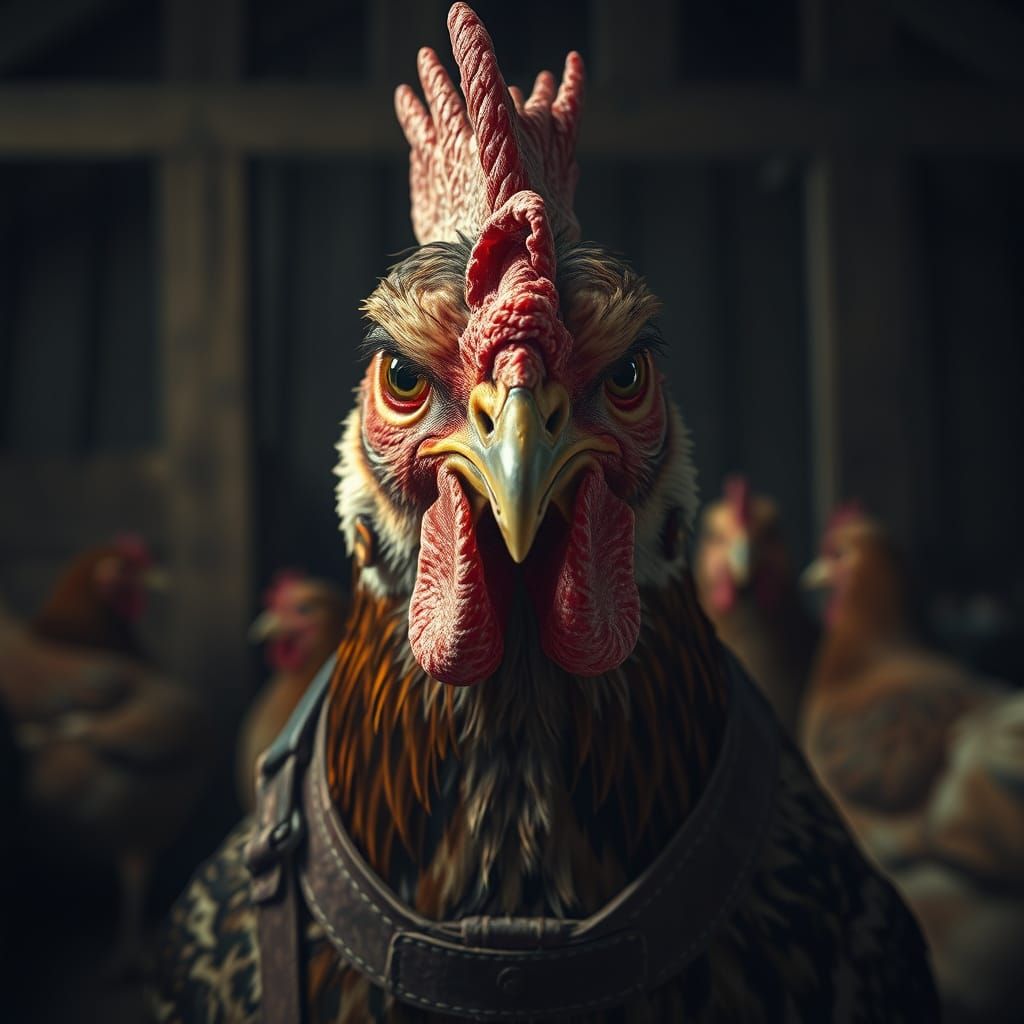 Hyperrealistic Grumpy Chicken in Rustic Farm Setting