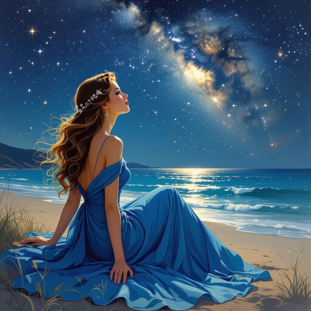 Woman Gazing at Starry Night Sky, Art Nouveau Style