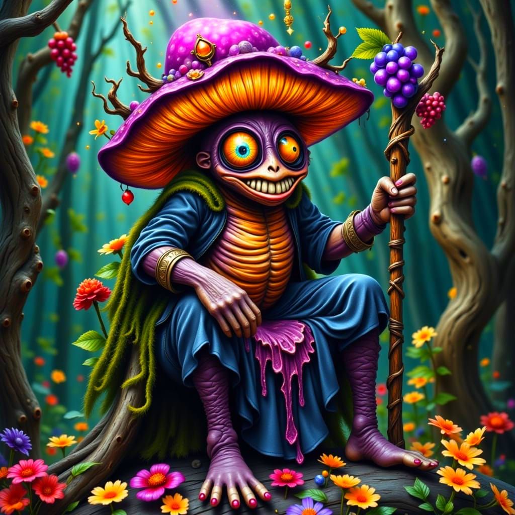 Surreal Mushroom King Reigns with Psychedelic Majesty