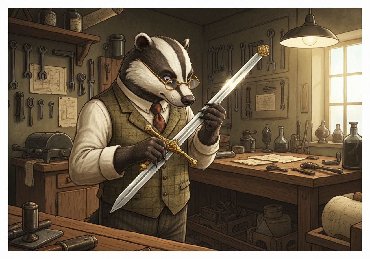 Anthropomorphic Badger Polishing Ornate Sword in Workshop