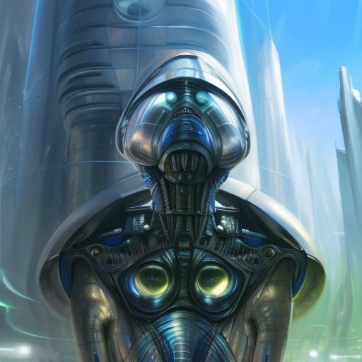 Futuristic Alien Humanoid in Cyberpunk Cityscape