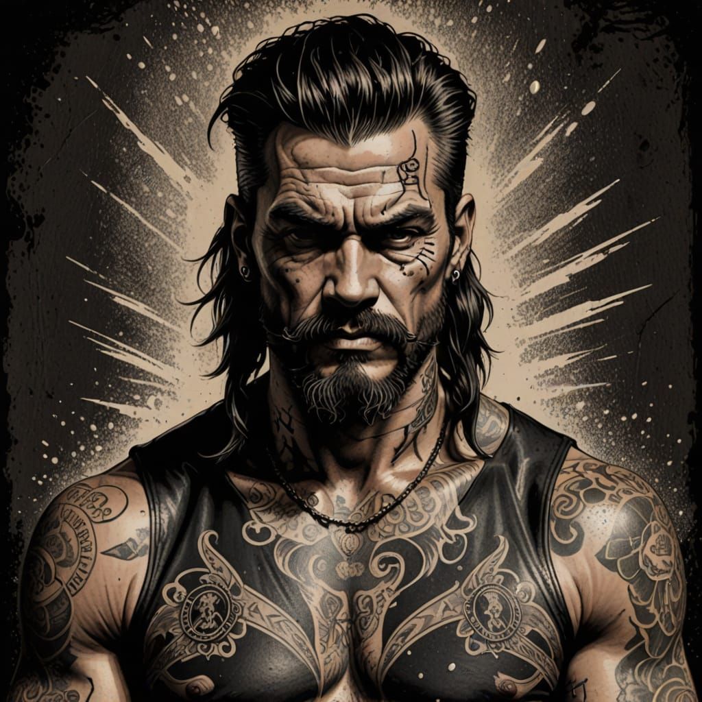 Outlaw Rebellion Tattoo Art in Gritty Pointillism Style