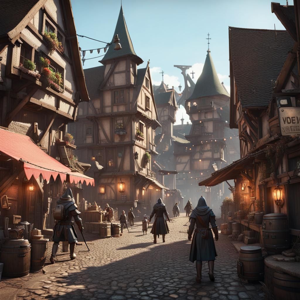 Futurepunk Medieval Village in 3D Cinematic Style