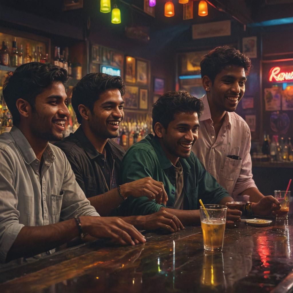 Indian Men Enjoying Drinks in Neon Lit Bar