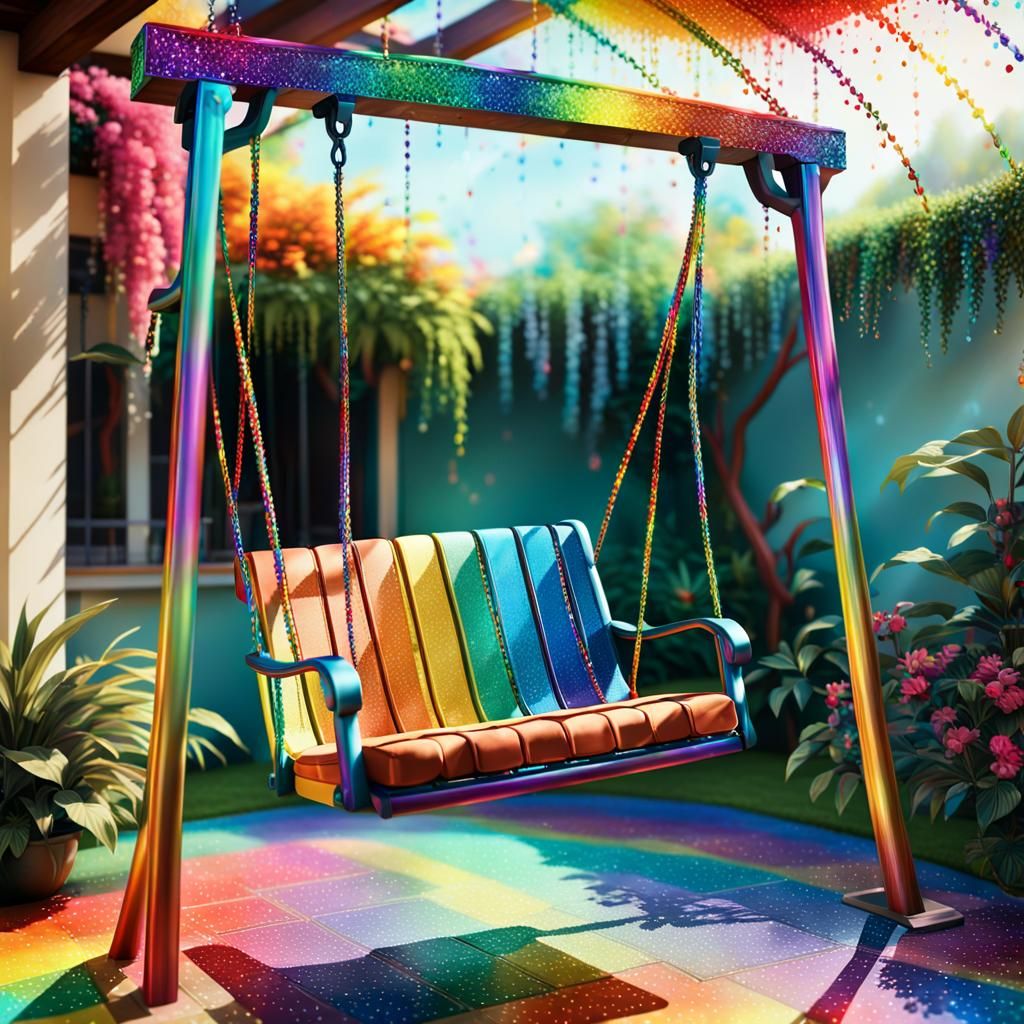A swing with a seat made of shimmering rainbow strands in a ...